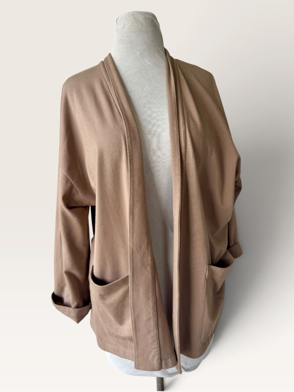Eileen Fisher Taupe Knit Open Front Cardigan Blazer Top Sz M Organic Cotton